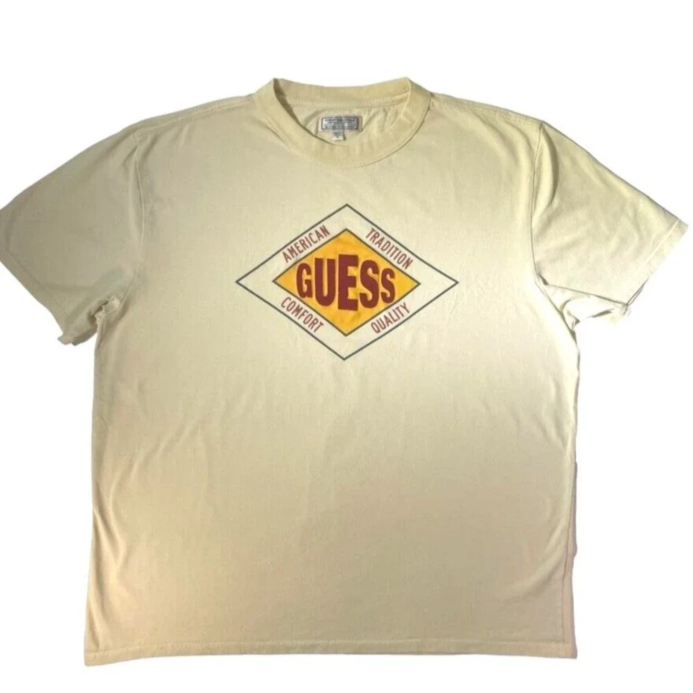 Guess Originals Butter Yellow Logo T Shirt Textured Varsity Graphic XL Cotton - Picture 2 of 8